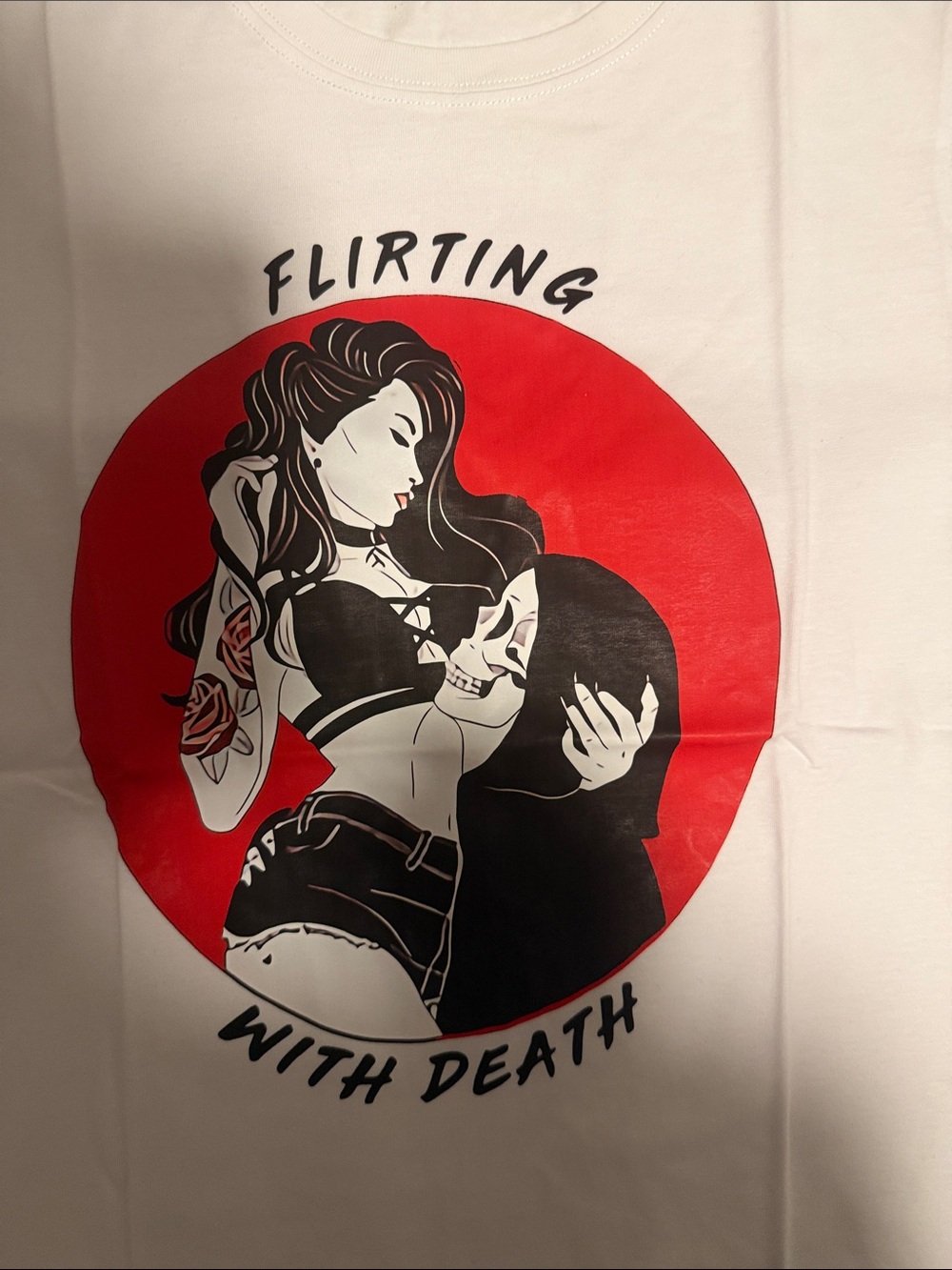 Women's White Short Sleeve Tee with Red Graphic "Flirting with Death”